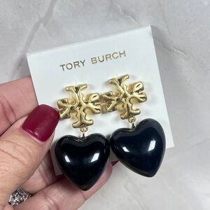Tory Burch Gold Logo Black Heart Drop Earrings